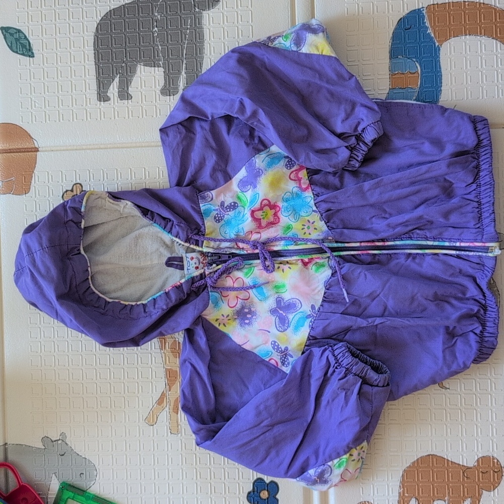 1995 Girls Vintage Purple Hooded Windbreaker Jacket with Floral Accents